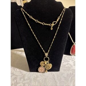 Cabi 2153 Cha Cha Charm Necklace Chain Pink Enamel Coin Rose Heart Gold Tone 36"